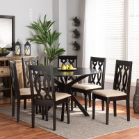 Baxton Studio Callie-Sand/Dark Brown-7PC Dining Set Callie Modern and Contemporary Sand Fabric Upholstered and Dark Brown Finished Wood 7-Piece Dining Set